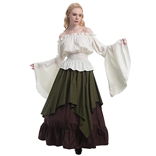 CR ROLECOS Renaissance Kostüm Frauen Mittelalterliches Bauernkleid Trompetenärmel Viktorianisch Shirt und Rock Armee Grün XXL von CR ROLECOS