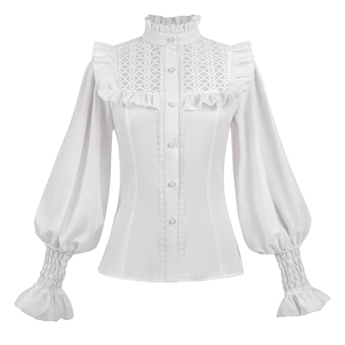 CR ROLECOS Viktorianische Bluse Damen Langarm Mittelalter Rüschenbluse Vintage Gothic Bluse Weiße S von CR ROLECOS