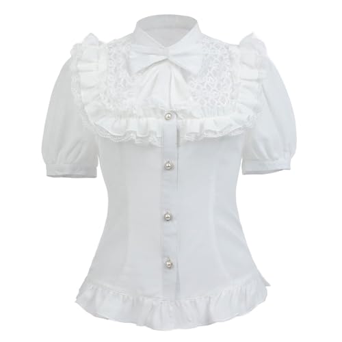 CR ROLECOS Viktorianische Bluse Gothic Hemd Knopf Blusen Puffärmel Top Vampir Bluse für Frauen M, Weiß-2, X-Large von CR ROLECOS