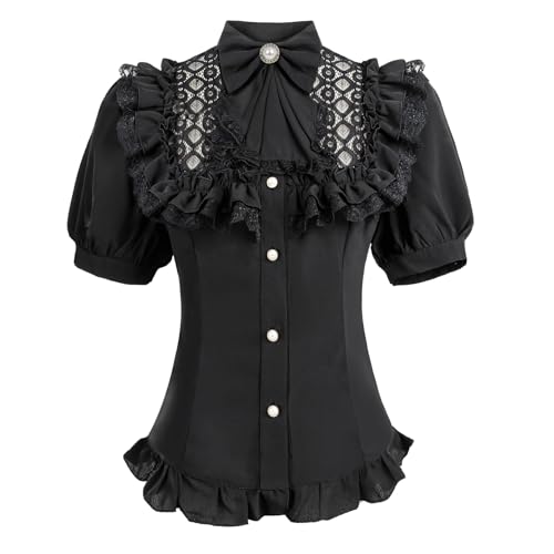 CR ROLECOS Viktorianische Bluse Gothic Hemd Knopf Blusen Puffärmel Top Vampir Bluse für Frauen M, schwarz 2, 38 von CR ROLECOS