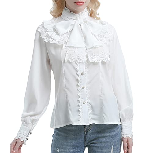 CR ROLECOS Viktorianische Bluse Steam Punk Damen Bluse mit Spitzenbordüre,Stehkragen Langärmelig Weiß L von CR ROLECOS