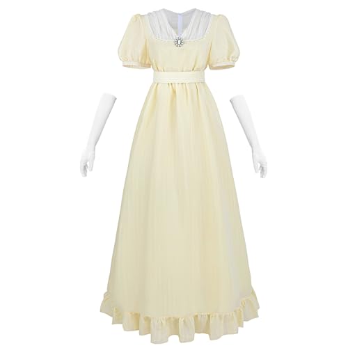 CR ROLECOS Viktorianisches Kleid 19 Jahrhundert Regency Kleid Damen V-Ausschnitt Empire Taille mit Handschuhe für Teeparty, Ball, Abendkleid Gelb M von CR ROLECOS