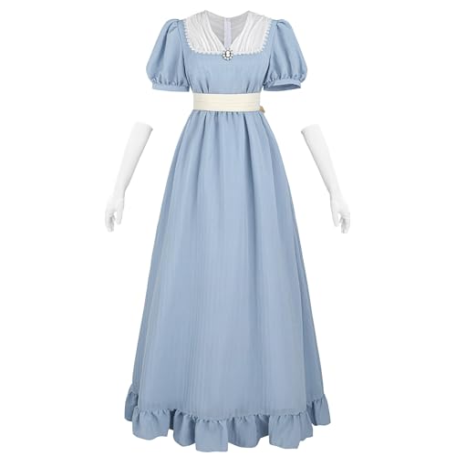 CR ROLECOS Viktorianisches Kleid 19 Jahrhundert Regency Kleid Damen V-Ausschnitt Empire Taille mit Handschuhe für Teeparty, Ball, Abendkleid Hellblau M von CR ROLECOS