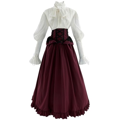 CR ROLECOS Viktorianisches Kleid für Damen, 18. Jahrhundert, Edwardianisches Kostüm, 2-teiliges viktorianisches Kostüm, Ballkleid, Rot/Weiß, 3XL von CR ROLECOS