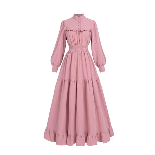 CR ROLECOS Viktorianisches Kleid für Frauen Langärmliges Edwardianisches Mittelalter Kleid Renaissance Kostüm Rosa1 L von CR ROLECOS