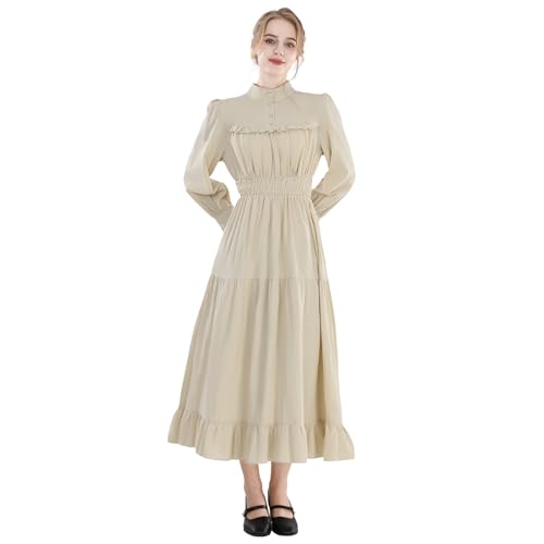 CR ROLECOS Mittelalter Kleidung Damen Viktorianisches Kleid Langarm A-Linie Vintage Edwardianisches Renaissance Maxikleid Ballkleid Abendkleid Damen Lang Beige XL von CR ROLECOS
