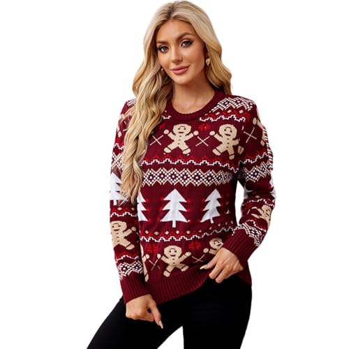 CR ROLECOS Weihnachtspullover Damen Strick Lustig Weihnachtspulli Pullover Langärmeliger Rundhalspullover Lebkuchenmann Muster Xmas Strickpullover XL von CR ROLECOS