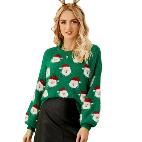 CR ROLECOS Weihnachtspullover Damen Strick Lustig Weihnachtspulli Pullover Langärmeliger Rundhalspullover Weihnachtsbaum Druck Muster Xmas Strickpullover XL von CR ROLECOS