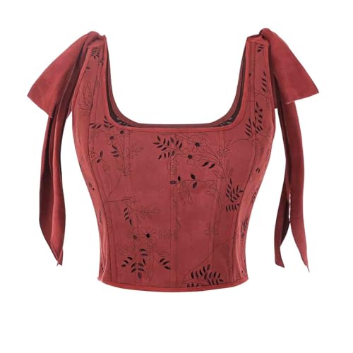 CR ROLECOS Damen Renaissance Korsett Top - Mittelalter Corset Top Vintage Corsage U-Ausschnitt mit Träger Blumendruck Corsett Weste Rot S von CR ROLECOS