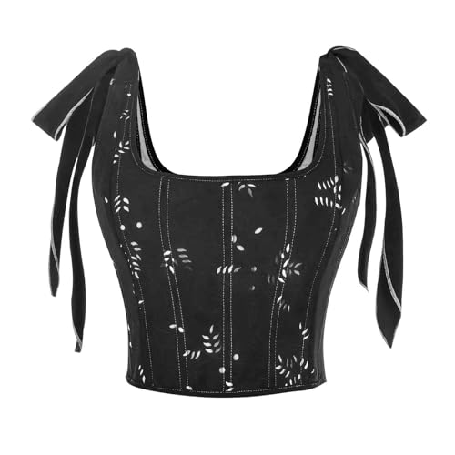 CR ROLECOS Damen Renaissance Korsett Top - Mittelalter Corset Top Vintage Corsage U-Ausschnitt mit Träger Blumendruck Corsett Weste Schwarz XXL von CR ROLECOS