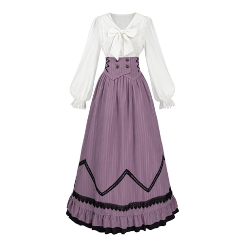 CR ROLECOS Viktorianische Kleid Damen Mittelalter Kleidung Ballkleider Damen Lang 2-Teiliger Viktorianische Bluse Vintage Mittelalter Rock Set Abendkleid Teeparty Violet XXL von CR ROLECOS