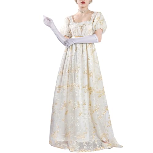 CR ROLECOS Regency-Kleider für Frauen mit Satinschärpe Empire-Taille Geraffte Vintage-Ballkleid Gold XXL von CR ROLECOS