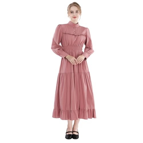 CR ROLECOS Mittelalter Kleidung Damen Viktorianisches Kleid Langarm A-Linie Vintage Edwardianisches Renaissance Maxikleid Ballkleid Abendkleid Damen Lang Rosa XL von CR ROLECOS