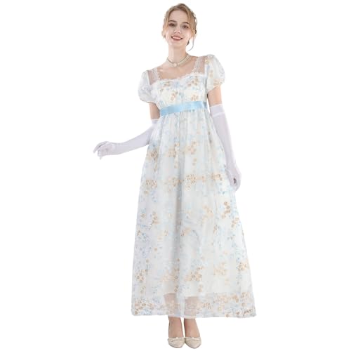 CR ROLECOS Regency Kleid Empire Kleider Prinzessin Kleid Damen Tüll mit Handschuhen Viktorianisches Ballkleid Damen Lang Abendkleid Blau XL von CR ROLECOS