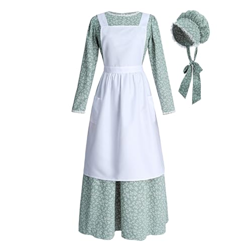 ROLECOS Pioneer Kleid Damen Grün Floral Prärie Kleider Altmodisch Amish Kolonial Pilger Kostüm 3 Stück Set XL von CR ROLECOS