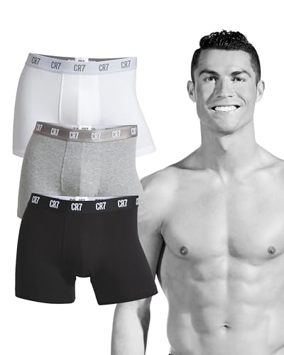 CR7 CRISTIANO RONALDO Herren Enganliegende Boxershorts (3er-Pack), Mehrfarbig (Schwarz/Grau/Weiß), L von CRISTIANO RONALDO