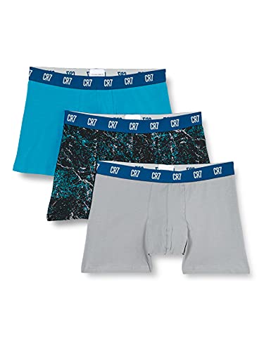 CR7 Cristiano Ronaldo Herren CR7 Cotton Fashion Trunks Three Pack Badehose, Grau/Schwarz Druck/Blau, M von CR7