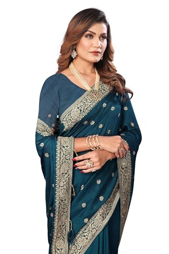 CRAFTSTRIBE Damen-Saris Vichitra Blooming Morpeach, schwere Zari-Stickerei, Sari mit ungesäumter Bluse von CRAFTSTRIBE