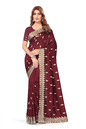 CRAFTSTRIBE Damen Vichitra Blooming Marron Schweres Sari mit Zari-Stickerei und ungesäumter Bluse CRAFTSTRIBE Damen Vichitra Blooming Marron Schweres Sari mit Zari-Stickerei und ungesäumter Bluse von CRAFTSTRIBE