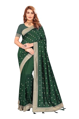 CRAFTSTRIBE Indischer Damen-Sari Vichitra, blühendes Flaschengrün, schwere Zari-Stickerei, indische Saris mit ungesäumter Bluse von CRAFTSTRIBE
