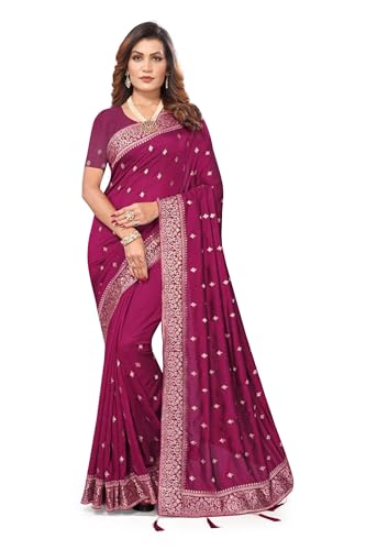 CRAFTSTRIBE Indischer Damen-Sari Vichitra, blühendes Magenta, schwere Zari-Stickerei, indische Saris mit ungesäumter Bluse von CRAFTSTRIBE