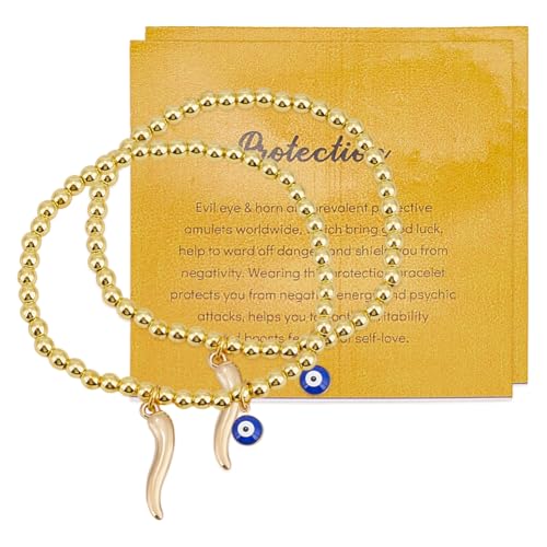 CRAFTYMELODY 2 Stück Goldarmbänder Für Frauen Zierliches Blaues Armband Mit Bösem Blick Und Hornanhänger Tier Armbänder Mit Bösem Blick Hämatit Perlen Stretch Armband von CRAFTYMELODY