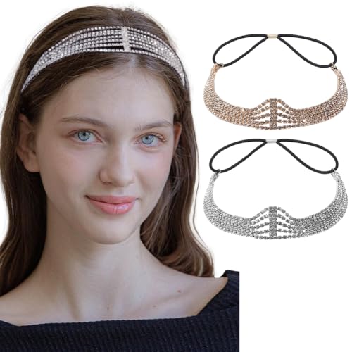 CRAFTYMELODY 2 Stück Strass Kette Kopfschmuck 2 Farben Eisen Elastisches Stirnband Mehrlagige Kopfkette Glitzernde Reihen Stirn Braut Kopfschmuck Haarschmuck von CRAFTYMELODY