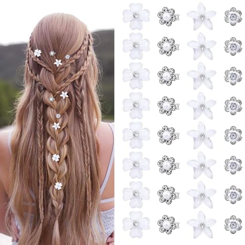 CRAFTYMELODY 32 Stück Mini Strass Haarspangen Kunststoff Dreadlocks Perlen Mit Legierungsbefunden Blumen Weißer Strass Brautspangen Dekorative Haarnadel von CRAFTYMELODY