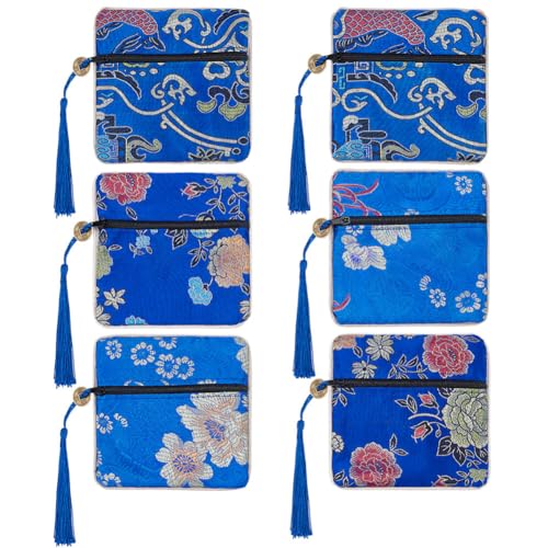 CRAFTYMELODY 6 Stück Schmuckbeutel Aus Seide Dunkelblau Chinesischer Stil Seidenbrokat Münzgeldbörse Reißverschluss Schmuckbeutel Geschenkbeutel Mit Quaste Schmuck Organizer von CRAFTYMELODY