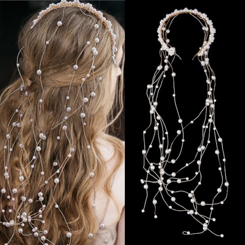 CRAFTYMELODY Imitation Pearl Braut Hochzeit Stirnband Eisen Braut Kopfschmuck Quaste Haar Rebe Abend Party Multi Layer Perlen Haar Zubehör von CRAFTYMELODY