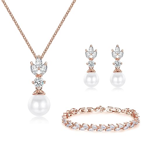 CRASLYMO Schmuckset Rosegold für Damen, Hochzeit Schmuckset Perlen Ohrringe Halskette Armband, Brautschmuck Set mit 5A Funkeln Zirkonia Blumen Silber 925 Schmuck mit Geschenkbox von CRASLYMO