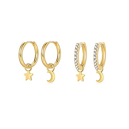Creolen Gold Damen mit Klein Anhänger Mond & Stern für Mädchen Frauen | Gold Ohrhänger Mädchen Huggie 14K Vergoldet Creolen Set von CRASLYMO