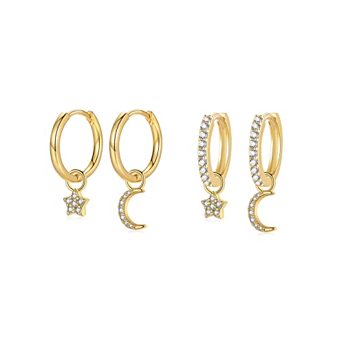 Creolen Gold Klein mit Anhänger Zirkonia Mond & Stern für Damen Mädchen Frauen | Ohrringe Gold Creolen Set Huggie 14K Vergoldet Hängend Ohrhänger von CRASLYMO