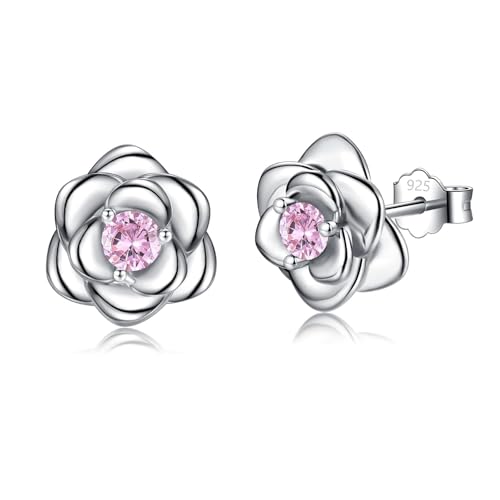 Klein Rose Ohrstecker Silber 925 für Damen Mädchen, Silber Rose Ohrringe mit Rosa Zirkonia Zierliche Knorpel Tragus Helix von CRASLYMO