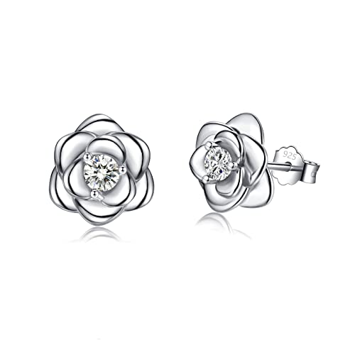 Klein Rose Ohrstecker Silber 925 für Damen Mädchen, Silber Rose Ohrringe mit Zirkonia Zierliche Knorpel Tragus Helix von CRASLYMO