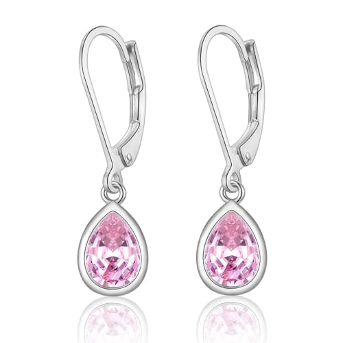 Ohrringe Silber Hängend Damen, Creolen mit Anhänger Zirkonia Ohrringe Schmuck Geschenke für Freundin Frauen Mädchen (Rosa) von CRASLYMO