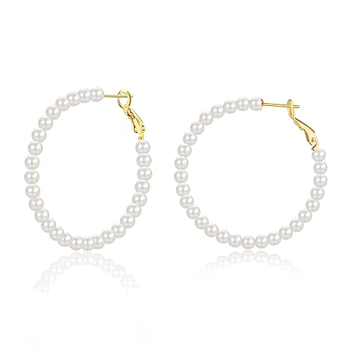 Perlenohrringe Creolen gold Ohrringe Perlen für Damen Frauen Mädchen Ohrringe Hochzeit Brautjungfe 40mm von CRASLYMO