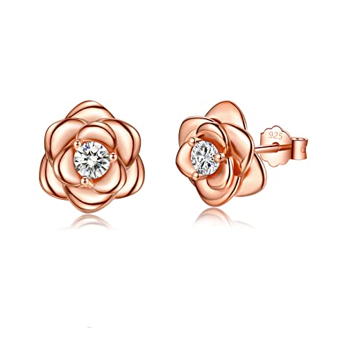 Rose Ohrstecker Rosegold für Damen Mädchen, Klein Blume Rose mit Zirkonia Rosegold Ohrringe Damen 925 Zierliche Knorpel Tragus Helix von CRASLYMO