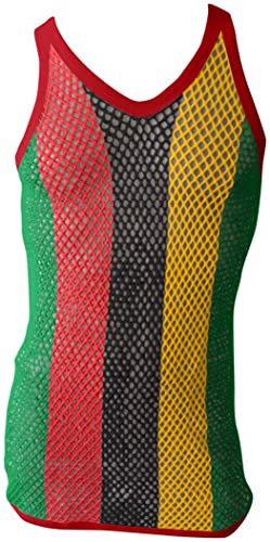CRAZY LIZARD RASTA String Weste in klassischen RASTA Farben. Rasta Marinawesten aus Netzstoff mit rotem Rand für Herren mit Schnürung, Muskelweste, jamaikanische Kleidung, Netzstoff, Marina von CRAZY LIZARD