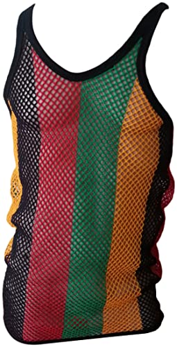 CRAZY LIZARD Rasta String Weste für Herren - Multicolored, M - Netzdesign, Rasta-Farbmuster, Kent-Kragen mit Schmucksteinen, Ärmellos, Athletic Fit, Sommer, Herbst, Winter von CRAZY LIZARD