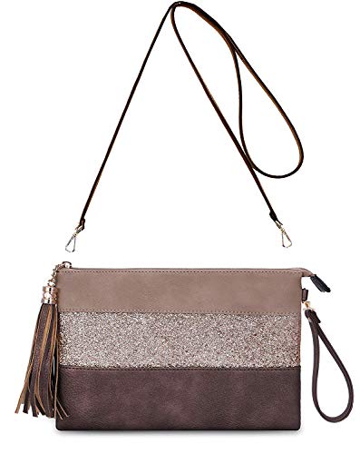 CRAZYCHIC - Damen Pailletten Streifen Umhängetasche - Frau Crossbody Bag Strass Glitzer Mehrfarbig Gestreift PU Leder Clutch - Abendtasche Schultertasche Pochette - Kleine Handtasche Elegant - Kaffee von CRAZYCHIC