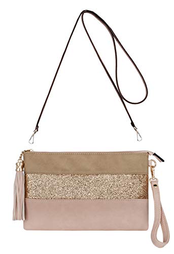 CRAZYCHIC - Damen Pailletten Streifen Umhängetasche - Frau Crossbody Bag Strass Glitzer Mehrfarbig Gestreift PU Leder Clutch - Abendtasche Schultertasche Pochette - Kleine Handtasche Elegant - Rosa von CRAZYCHIC