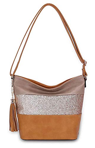 CRAZYCHIC - Damen Pailletten Umhängetasche - Schultertasche Weiches PU Leder Streifen Glitzer - Frau Shopper Hobo Bag - Casual Messenger Crossbody Bag - Mehrfarbig Beuteltasche Handtasche - Kamel von CRAZYCHIC