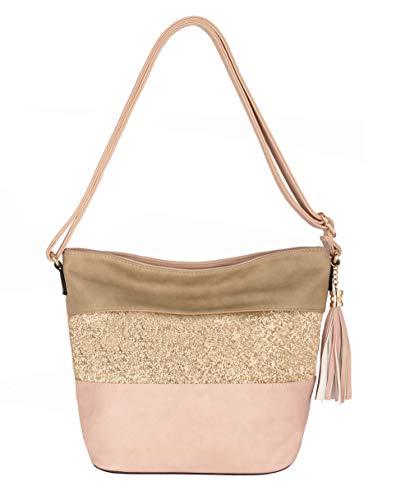 CRAZYCHIC - Damen Pailletten Umhängetasche - Schultertasche Weiches PU Leder Streifen Glitzer - Frau Shopper Hobo Bag - Casual Messenger Crossbody Bag - Mehrfarbig Beuteltasche Handtasche - Rosa von CRAZYCHIC