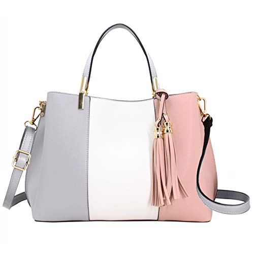 CRAZYCHIC - Damen Handtasche Mehrfarbig - Top Griff Henkeltasche Gestreift Multicolor - PU Leder Schultertasche Umhängetasche - Frauen Elegante Viele Fächer Tote Shopper Tasche - Grau Rosa von CRAZYCHIC