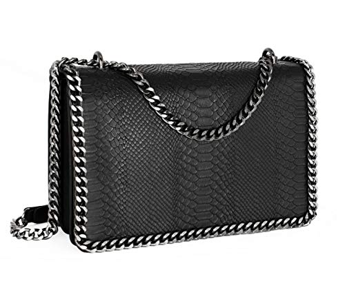 CRAZYCHIC - Damen Kette Umhängetasche - Schlange Leder Gesteppte Klappe Schultertasche - Python Steppmuster Abendtasche Pochette Kettentasche - Frauen Modische Handtasche Trendy Tasche - Schwarz von CRAZYCHIC