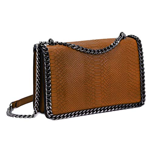 CRAZYCHIC - Damen Kette Umhängetasche - Schlange Leder Gesteppte Klappe Schultertasche - Python Steppmuster Abendtasche Pochette Kettentasche - Frauen Modische Handtasche Trendy Tasche - Kamel Braun von CRAZYCHIC