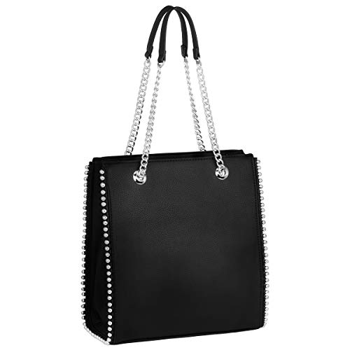 CRAZYCHIC - Damen Ketten Handtasche - Tote Shopper Nieten Perlen - PU Leder Schultertasche Rechteckig - Medium Große Shopping Bag - Frauen Elegante Moderne Tragetasche - Mode Stilvoll - Schwarz von CRAZYCHIC