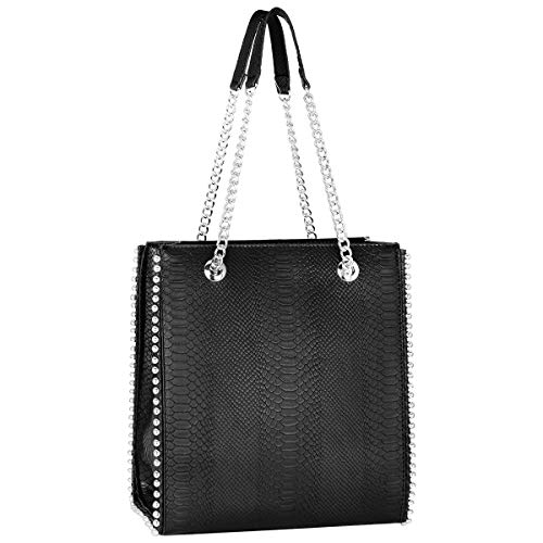 CRAZYCHIC - Damen Ketten Handtasche - Tote Shopper Nieten Perlen - Schlange PU Leder Schultertasche Rechteckig - Medium Große Shopping Bag - Frauen Elegante Moderne Tragetasche Mode Stilvoll - Schwarz von CRAZYCHIC