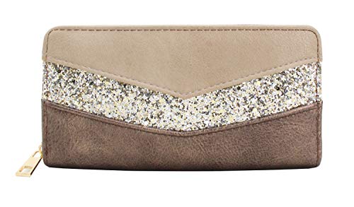 CRAZYCHIC - Damen Pailletten Streifen Geldbörse - Frauen Große Brieftasche Gestreift PU Leder - Lange Portemonnaie Mehrfarbige Bunte Geldbeutel - Viele Fächer Kartenhalter Mode Elegante - Braun von CRAZYCHIC